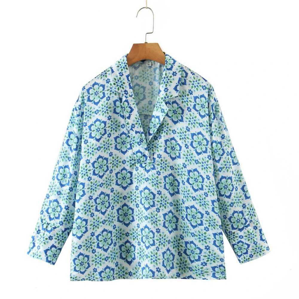 Spring White Background Floral Print Loose Long Sleeve Shirt